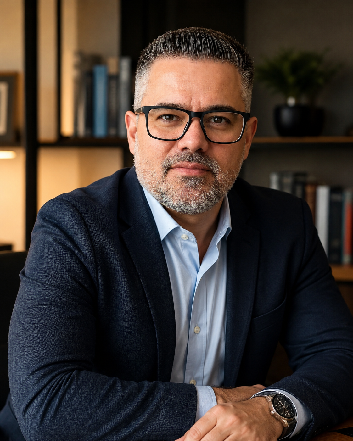 Retrato profissional de Gustavo Antonio Fiore, perito contábil e trabalhista, em seu escritório